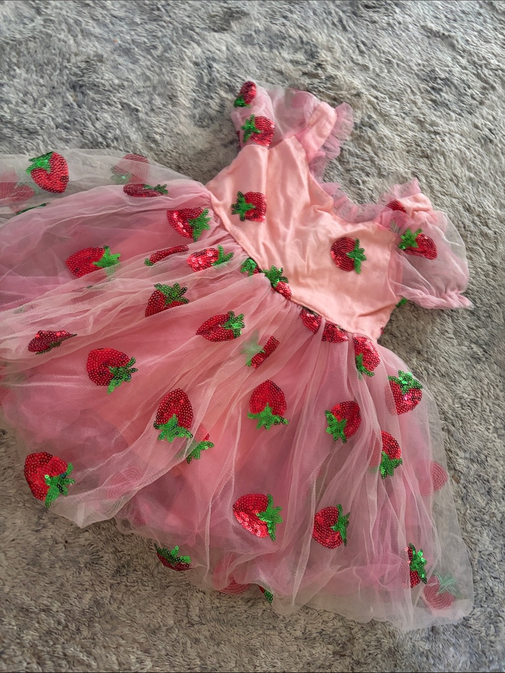 Lola + The Boys Pink Tulle Dress with Red Strawberry Appliqués